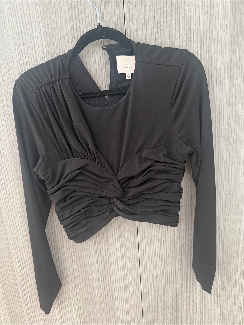 cinq a sept Black Ruched Twist-Front Long Sleeve Crop Top